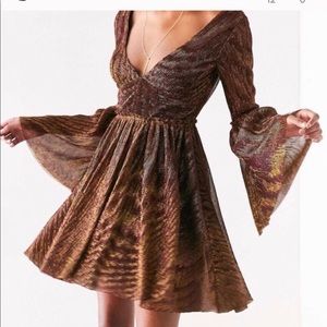 UO Bell- Sleeve Shimmer Cooper and Gold Dress